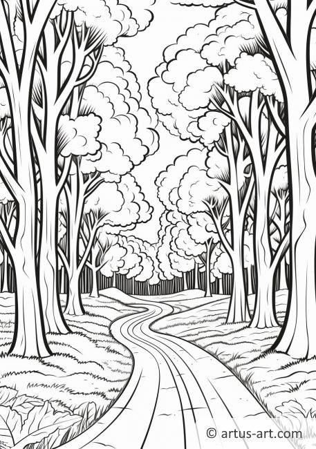 Pagină de colorat cu un drum de țară înconjurat de copaci